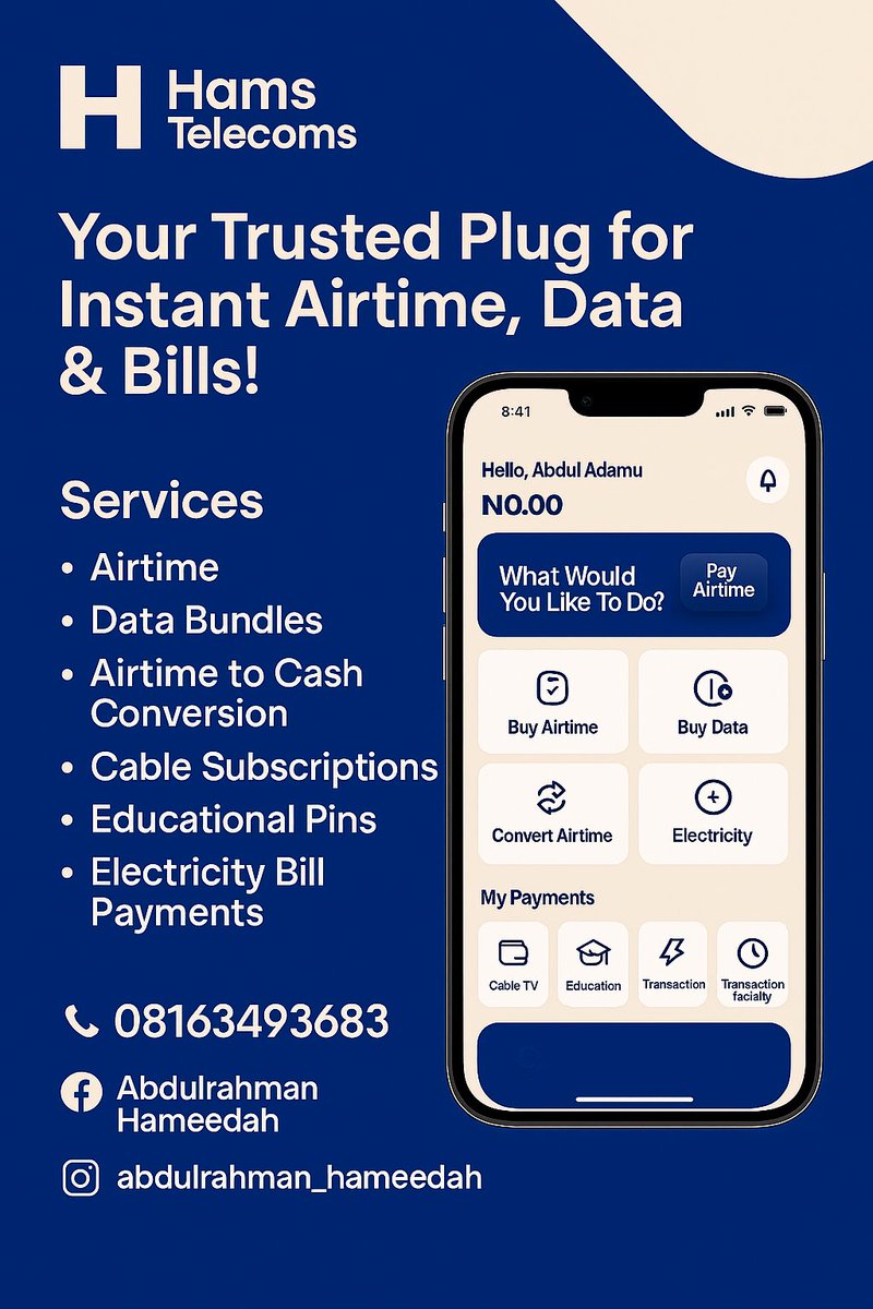 meedah2000's tweet image. Why stress when you’ve got a reliable plug? 💪
✅ Data bundles
✅ Airtime-to-cash
✅ Cable &amp;amp; electricity payments

Swift deals. Trusted plug. Satisfied customers.
That’s how we roll 🚀 

DM or Whatsapp 08163493683 to get started!

#DataPlug #VTUServices #hamstelecoms #datavendor