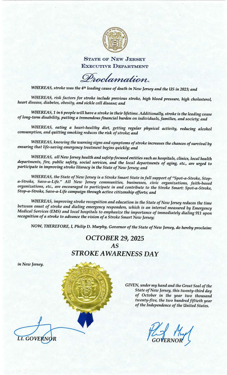 On October 29, #WorldStrokeDay at <a href="/Newark_Beth/">Newark Beth Israel Medical Center</a> shared Governor Phil Murphy’s  proclamation making today #StrokeAwarenessDay. Stroke is the 4th leading cause of death in New Jersey. <a href="/RWJBarnabas/">RWJBarnabas</a> Health Stroke Centers #NJStrokeCoordinators