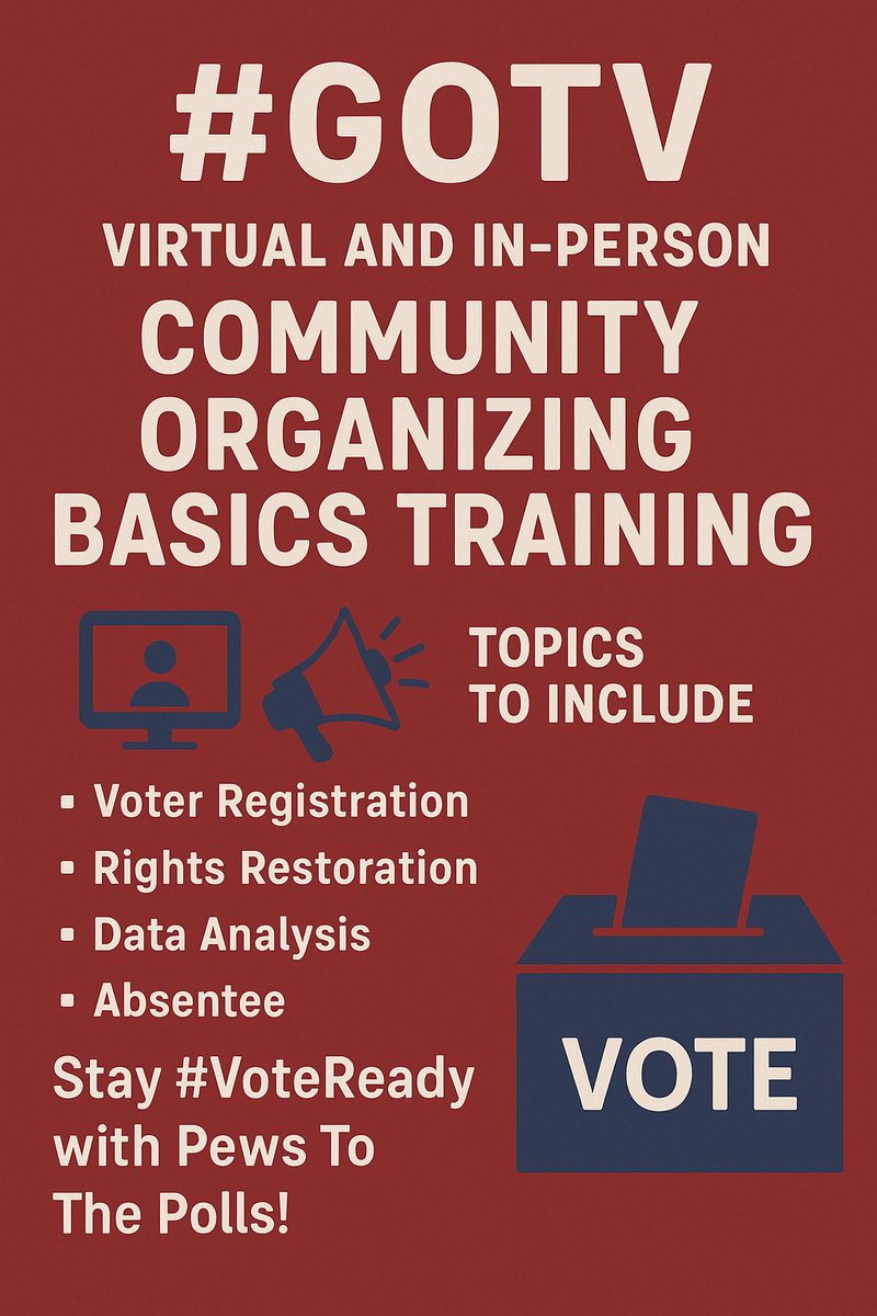 PewsToThePolls's tweet image. #GOTV virtual and in-person Community Organizing Basics training -  Topics to include #VoterRegistration, Rights Restoration, Data Analysis, Absentee. Stay #VoteReady!  "Faith Without Works Is Dead" #FaithWorks!  #alpolitics Join us at facebook.com/PewsToThePolls