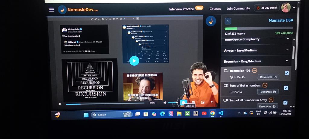 sariquezamal123's tweet image. Namaste DSA by @akshaymarch7
Week 1–3 Highlights:
✅ Time & Space Complexity,Arrays, Recursion & Searching & Sorting.
🚀 A bit late, but better than never! 
#DSA #NamasteDSA #FrontendDevelopment #WebDevelopment #CareerTransition #LearningInPublic #ProblemSolving