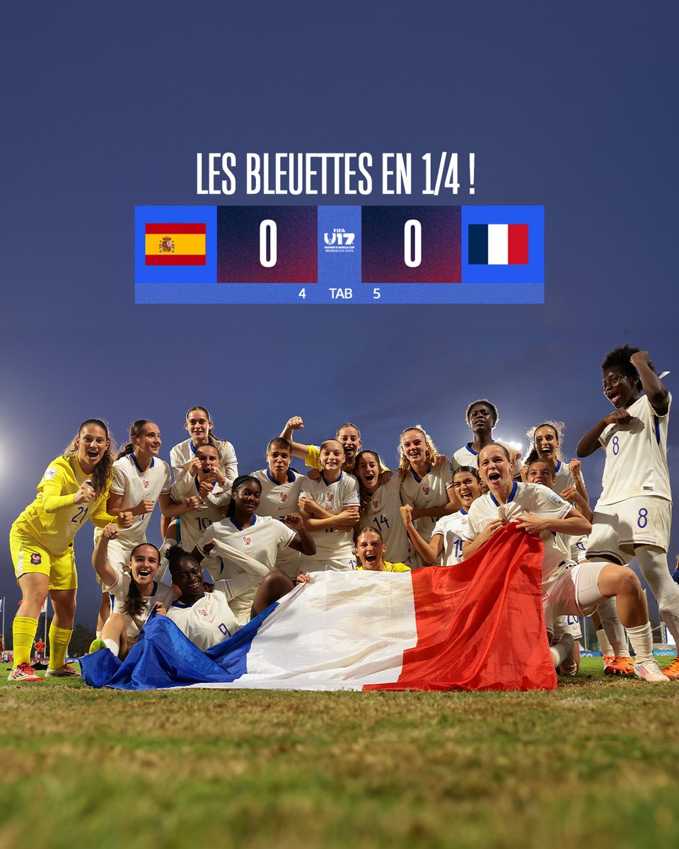 Les Bleuettes en 1/4 de finale de la Coupe du Monde U17  🔥🔥🔥

Au bout de la séance des tirs au but, l'Équipe de France élimine l'Espagne 🇪🇸