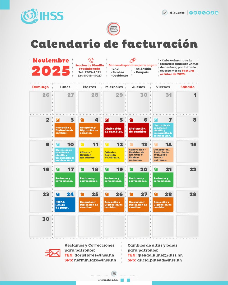 📅 ¡Atención, patronos!
Ya está disponible el Calendario de Facturación Noviembre 2025 🧾✅
Consulta las fechas clave para cumplir con tus obligaciones de forma puntual y evitar contratiempos.
Planifica con anticipación y mantente al día con tus responsabilidades 💼💡
 #Honduras