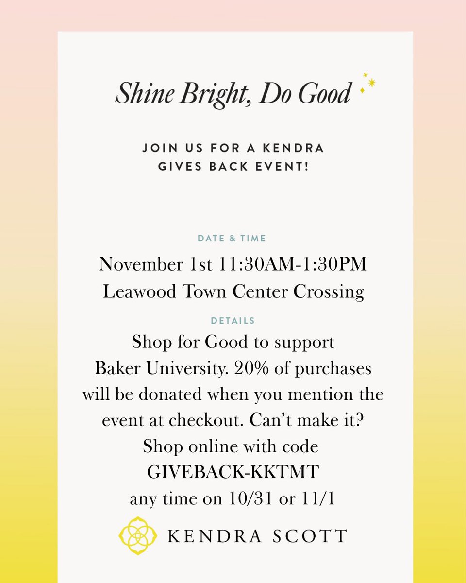 Wildcats fans!

Baker is partnering with Kendra Scott for a Give Back Event! Join us in-store on Saturday at the Town Center location where 20% of purchases will be donated when you mention the event!

Can’t make it? Shop online &amp; use code GIVEBACK-KKTMT

bit.ly/47MXEh4