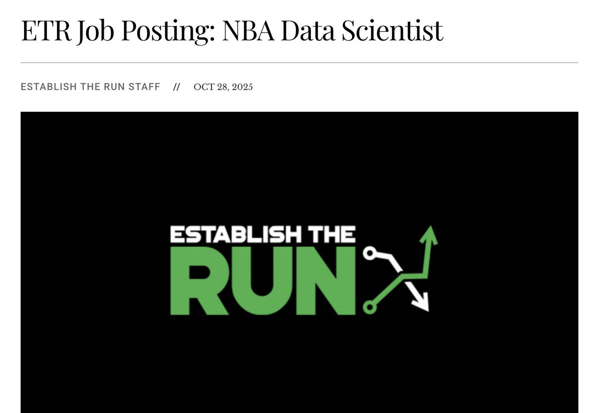 adamlevitan's tweet image. We're hiring! Role will be on our Data Sci team, with a focus on NBA.
Please read the details in the job posting (link below) closely. Thanks in advance for applying, or passing along to anyone great. 
establishtherun.com/etr-job-postin…