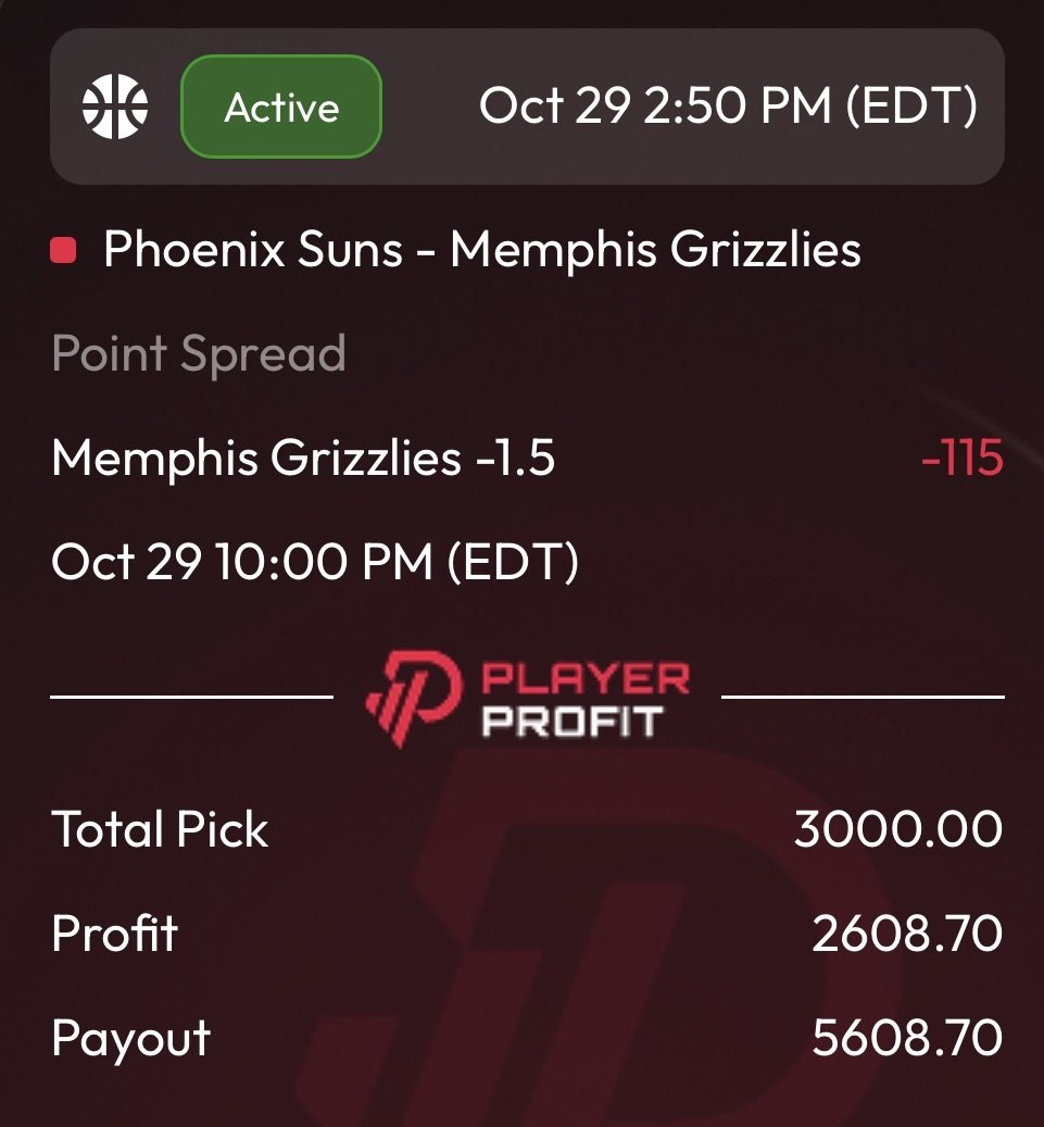 ⭐️💎⭐️ FREE PLAY⭐️💎⭐️

#NBA FREE PLAY 🏀

Memphis Grizzlies -1.5 🔒🔨
----------------------------------
RT/LIKE/REPLY FOR MY 5U MAX BET‼️

Bet Placed on <a href="/PlayerProfit/">Player Profit</a> 🔥
Use code 𝗛𝗔𝗠𝗠𝗘𝗥 for 10% Discount ✅