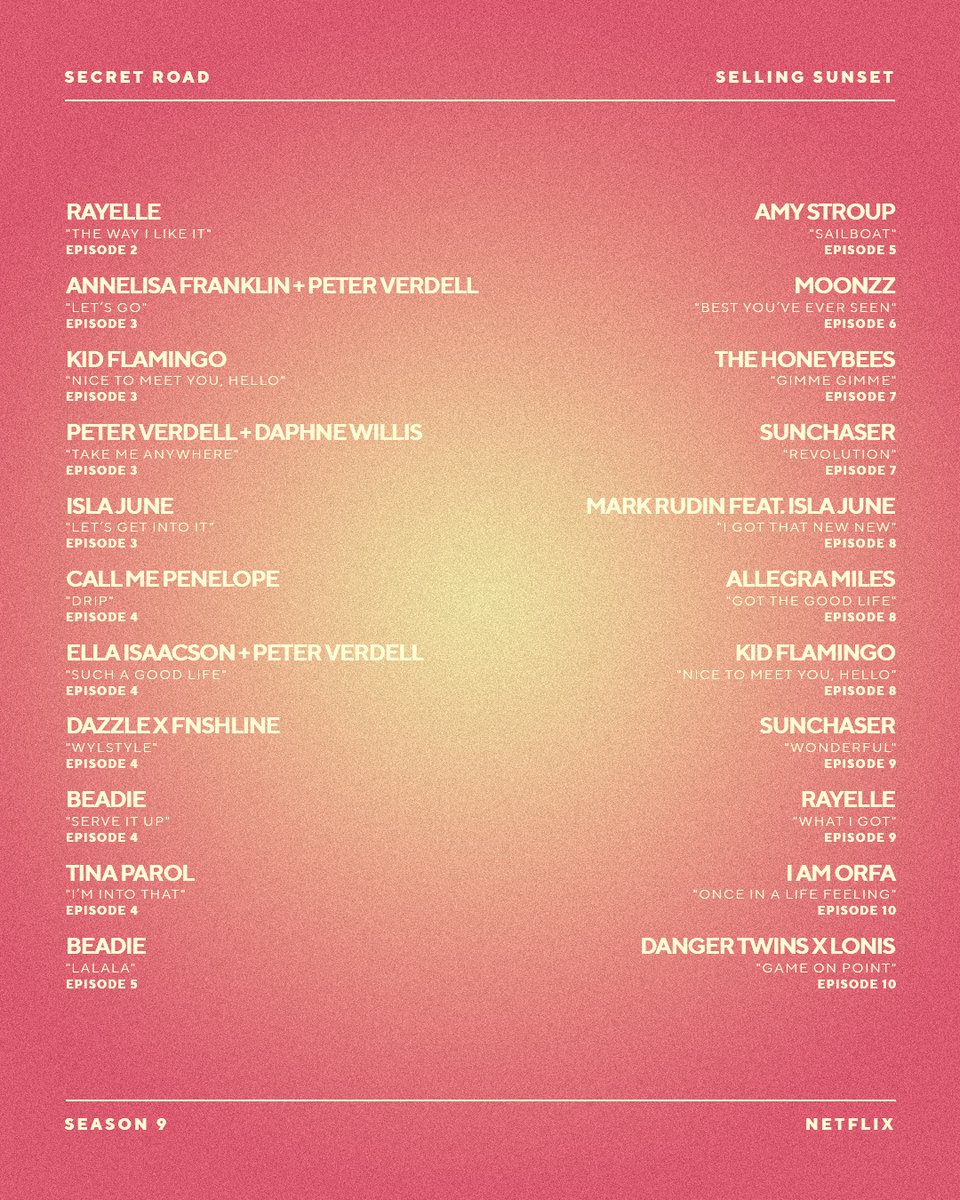 Selling Sunset is PACKED with Secret Road songs💥
Swipe for the full list and stream Season 9 on Netflix now✨🏠
