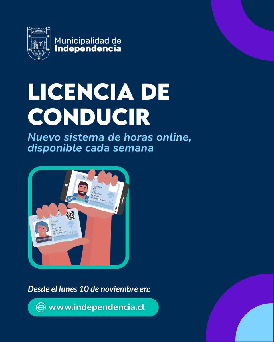 🪪 ¡Nuevo sistema de toma de horas para Licencias de Conducir! 🚗

A partir del próximo 10 de noviembre, todos los lunes se abrirá el calendario para tomar horas online para los trámites de Licencia de Conducir.
Podrás tomar horas para renovación, primera licencia y duplicados.