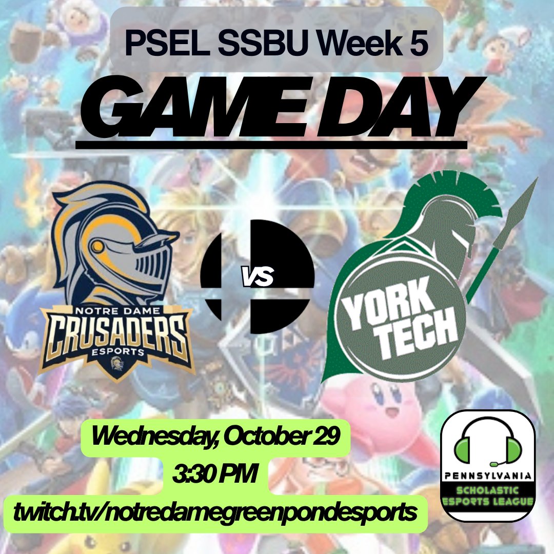 NDGP_Esports's tweet image. ⚔️ REMATCH TIME ⚔️
Our Crusaders are back on the Smash stage for PSEL Week 6 — facing York Tech for the 2nd time this season! 💥
🎮 3:30 PM
📺 twitch.tv/notredamegreen…

#NDGP #PSEL #SmashBros @playvs @PSELesports