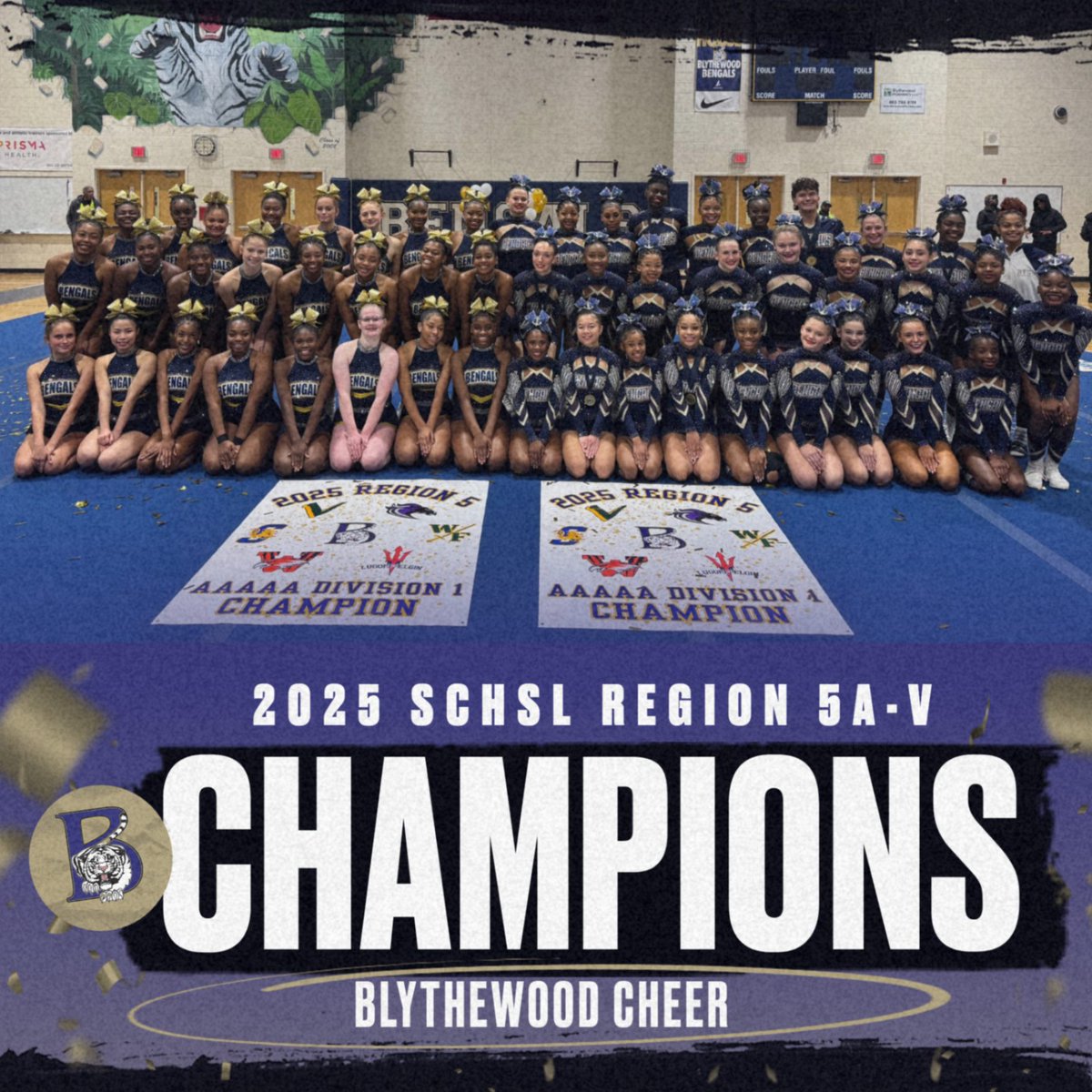 Congratulations to our cheer program on bringing home TWO Region V Championships last night!  Both the Varsity and JV teams won their meets!  This was the Varsity team's 8th consecutive team championship!  #BengalPride @richlandtwo