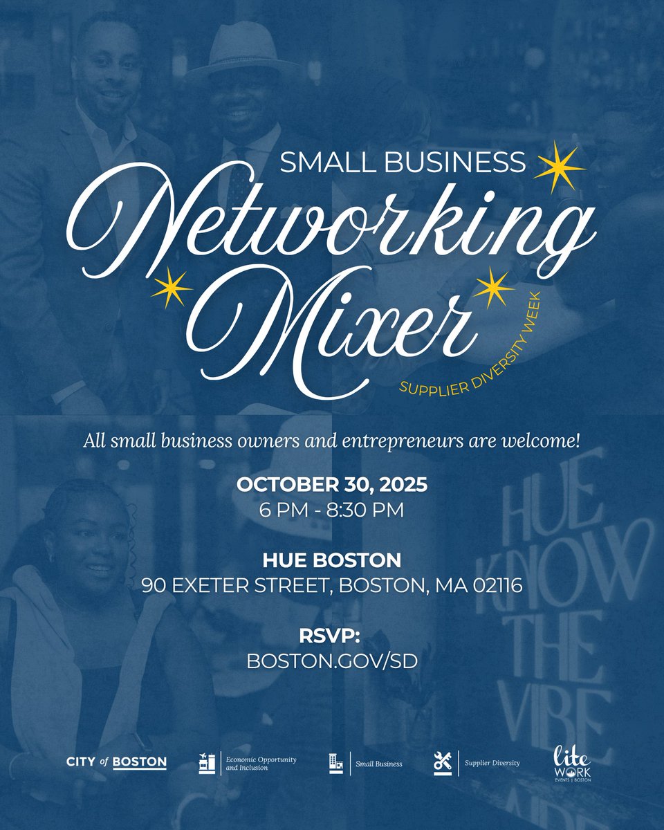 bostonoeoi's tweet image. Connect with small business owners, @CityOfBoston departments, technical assistance providers, and more at tomorrow&apos;s Small Business Networking Mixer at Hue Boston from 6 pm to 8:30 pm!

Register for this event at eventbrite.com/e/city-of-bost…