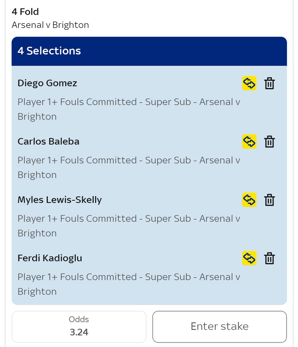 #Arsenal Vs #BHAFC #ARSBHA #EFLCup BuildABet 🏆:

🩹 Lewis-Skelly 1+ fouls: 8/10

🩹 Kadioglu 1+ fouls: 4/5

🩹 Baleba 1+ fouls: 9/10

🩹 Gomez 1+ fouls: 15/16.

1️⃣ Point stake advised with <a href="/SkyBet/">Sky Bet</a>.

🔞 18+ Gambleaware. Please, gamble responsibly.

<a href="/StatsHubCom/">StatsHub.com</a> 📊🤝.