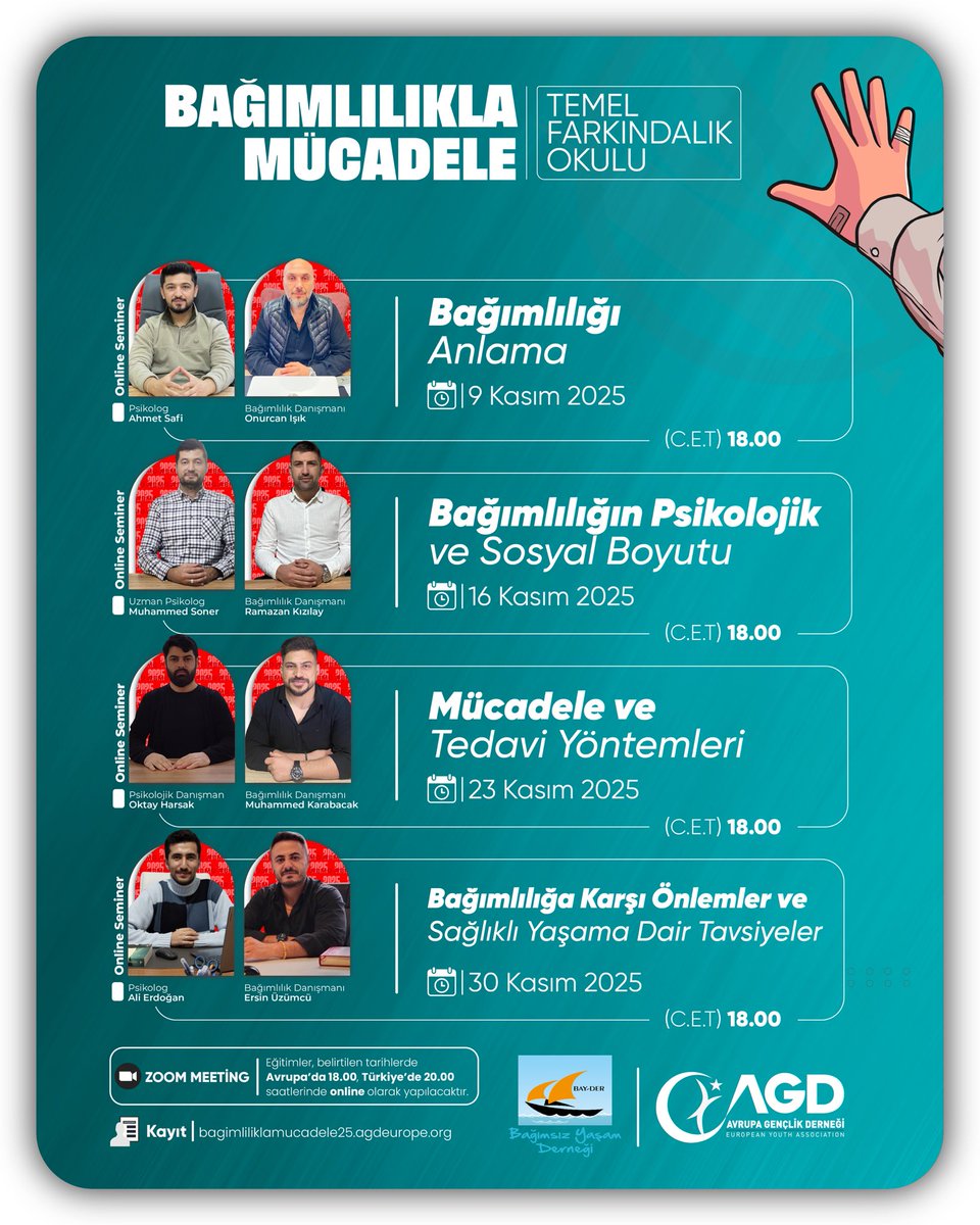 Bağımlılıkla Mücadele Temel Farkındalık Okulu Başlıyor!

Kasım ayı boyunca düzenleyeceğimiz seminerlerimiz ile bağımlılığın psikolojik, sosyal ve tedavi boyutlarını alanında uzman eğitimciler ile ele alıyoruz.

Her gün bir adım daha güçlü olmak bizim elimizde 💪

Unutma, her