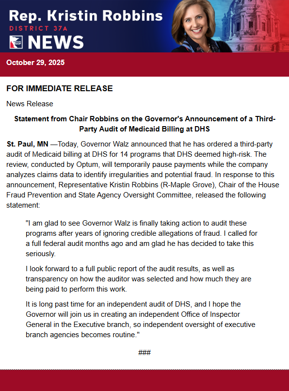 Chair <a href="/RepRobbins/">Representative Kristin Robbins</a> released the below statement on the Governor's announcement of a third-party audit of Medicaid billing at DHS.👇