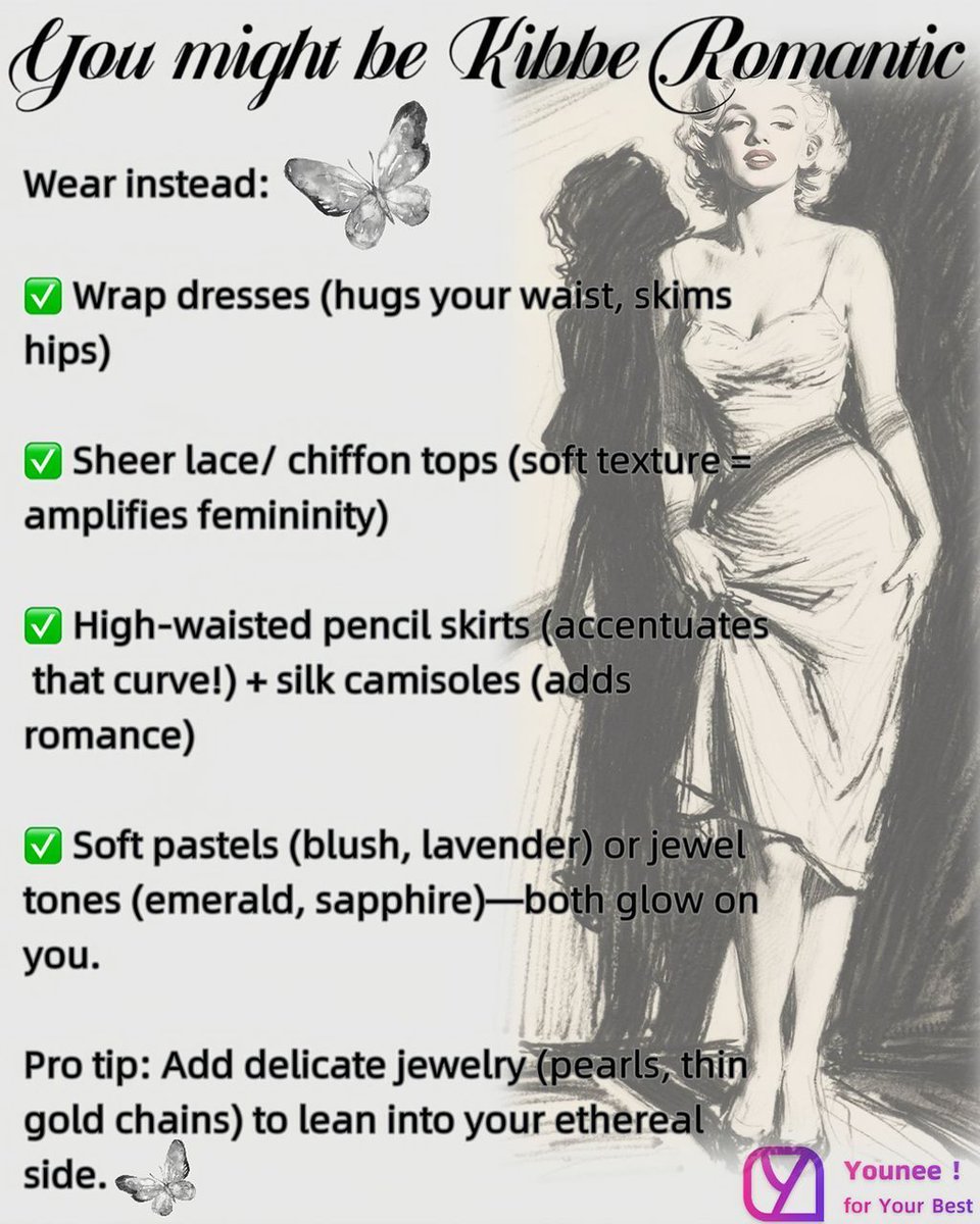 YouneeFit's tweet photo. 3 Quick Checks: Am I Kibbe Romantic? 
Kibbe Romantics glow with soft femininity—here’s how to spot it:
1.Face: Round eyes, soft jawline, full lips (no sharp angles!)
2.Frame: Small, rounded shoulders; delicate wrists/ankles
3.Shape: Curvy waist-hip ratio (think “hourglass-lite”) https://t.co/9mBpcc7Bjt