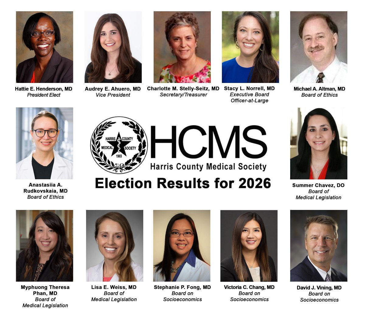 Harris County Medical Society (@hcmsham) on Twitter photo The 2026 Executive Board has been announced. Let's congratulate all of our elected officers! The 2026 Executive Board has been announced. Let's congratulate all of our elected officers!