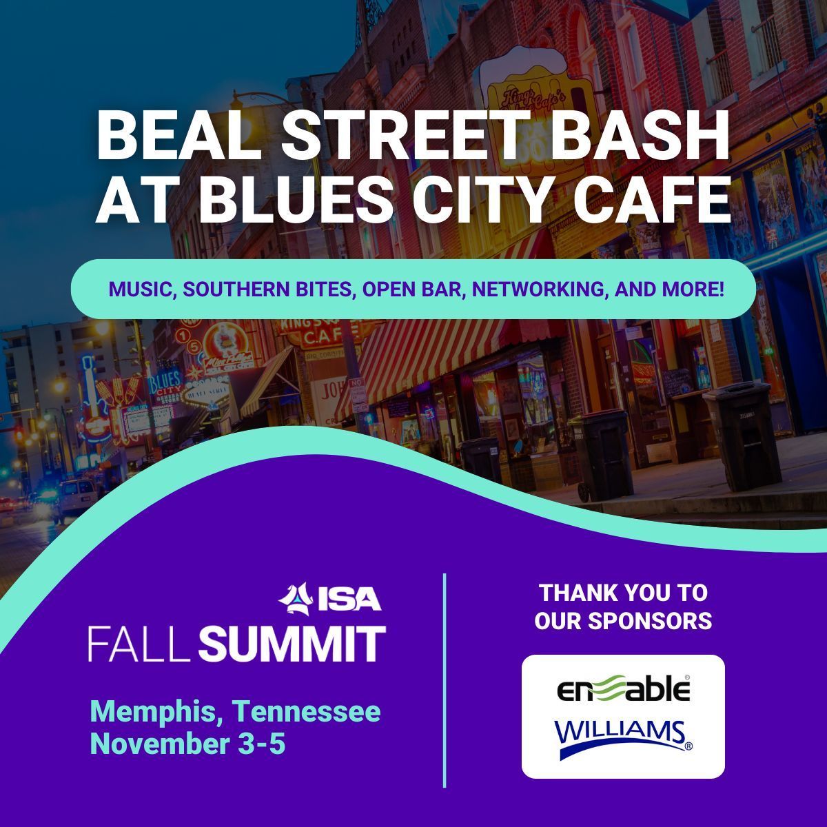 ISAssoc's tweet image. The future of the channel comes alive on Beale Street! 🎶 

Join the #ISAFallSummit Beale Street Bash with live music, Southern bites, drinks &amp;amp; private spaces for networking ISA-style. 

Thanks to Enable &amp;amp; Williams Industrial Tools for sponsoring! 

Register today!