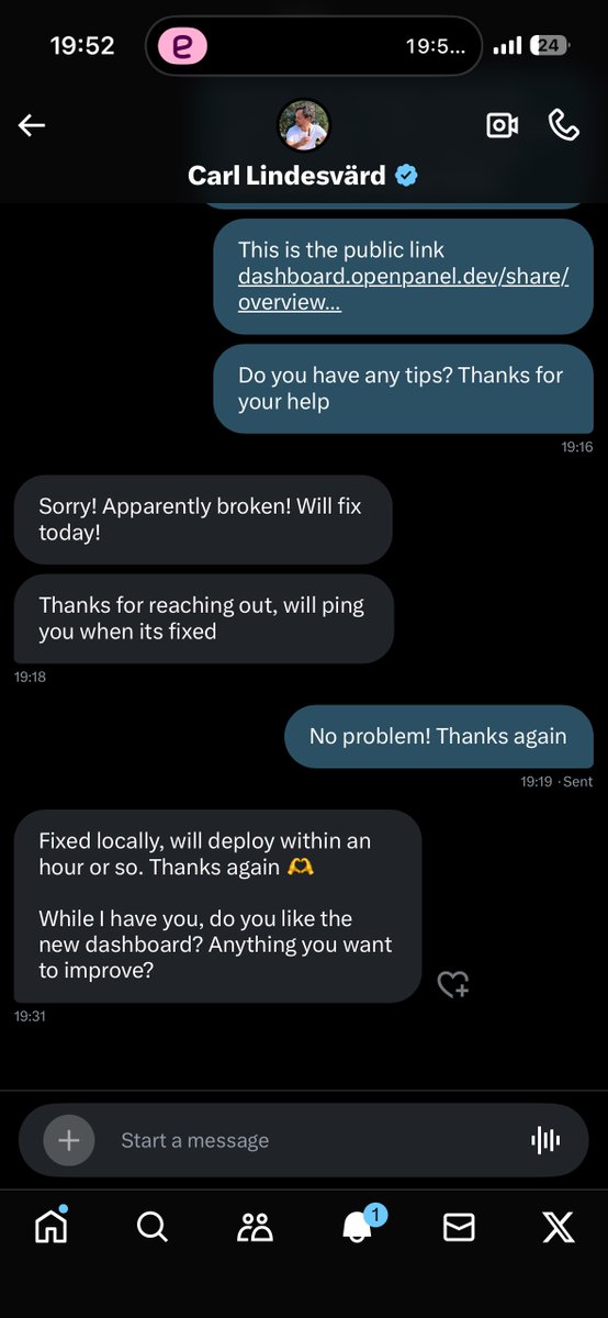 FedericoFan's tweet image. Had a small issue accessing a public dashboard for a client today, so I DMed @CarlLindesvard to check if it was on my end.
He replied in minutes, found the bug, fixed it locally, and deployed within the hour.
One person. One message. One fix.
Solo devs like him remind me what…