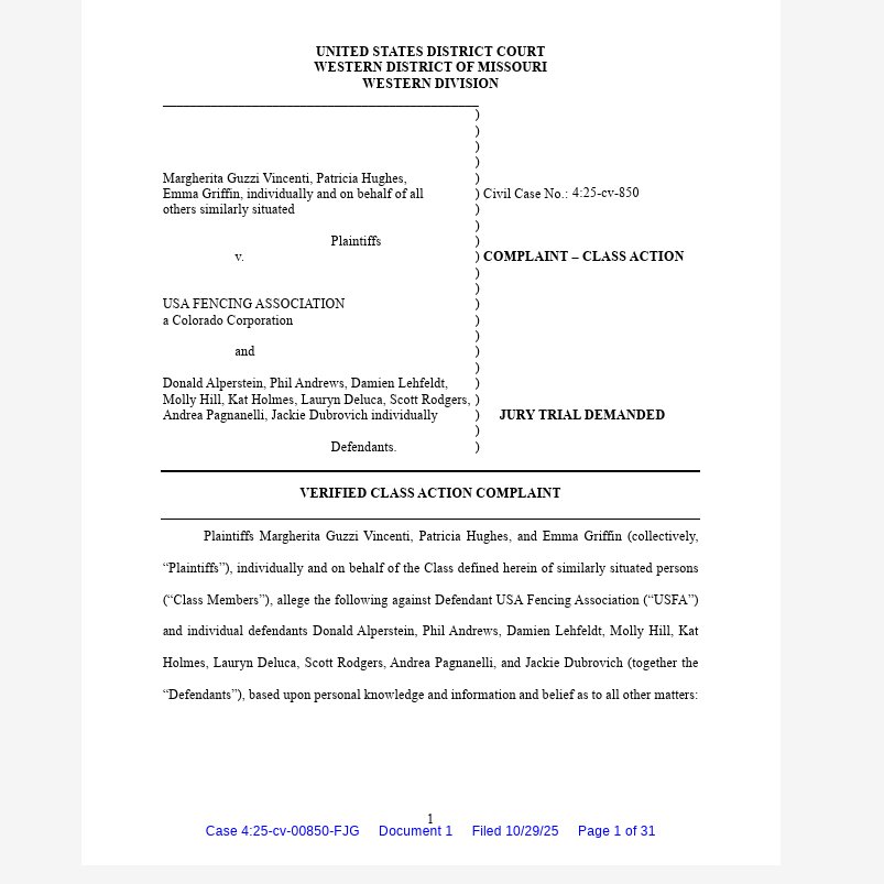 BREAKING LEGAL NEWS 🚨
Dhillon Law Group filed a class action on behalf of US Olympian Margherita Guzzi Vincenti vs USA Fencing for allowing men to compete in women's events during the 2025 North American Cup w/o disclosing to competitors, violating Title IX, consumer protection