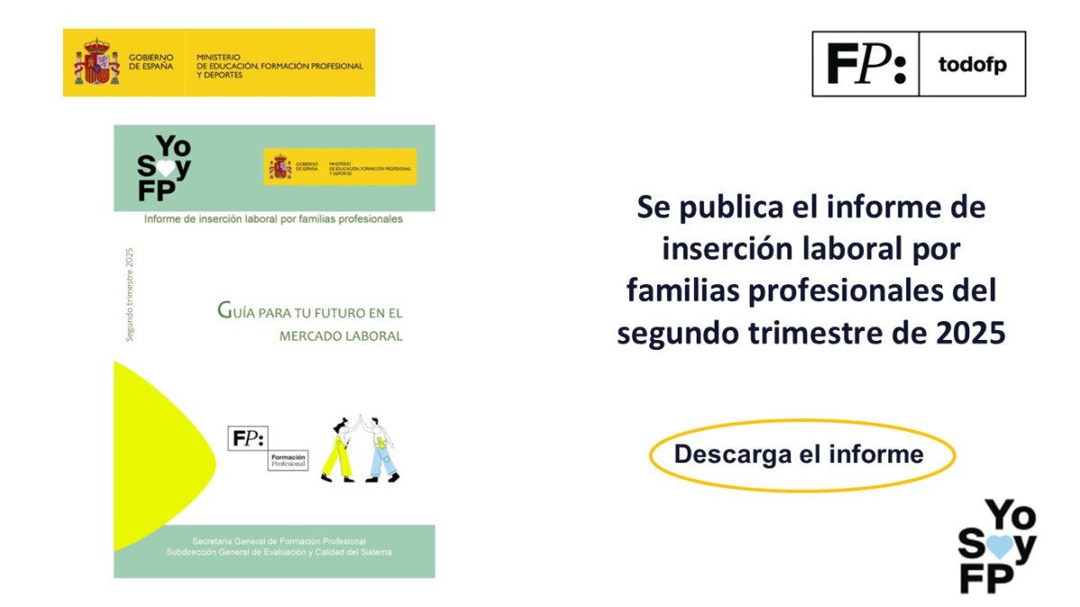 todofp's tweet image. 📣 se publica el informe de inserción laboral por familias profesionales segundo trimestre 2025 #todofp #yosoyFP
🔴 Descarga el informe
🔍libreria.educacion.gob.es/libro/informe-…