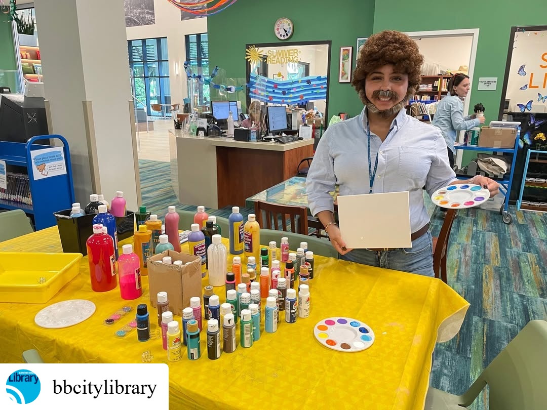 TweetFLAlibrary's tweet image. We don&apos;t make mistakes, just happy little accidents! 🎨
#repost @bbcitylibrary Bob Ross at the library? Whatttttt?! Teen Librarian Bianca dressed up as the iconic painter during her Happy Little Painters class for teens.