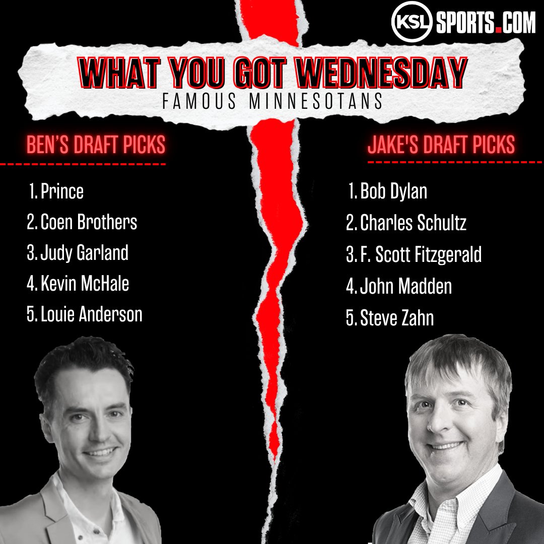 JakeAndBenKSL's tweet image. It's What You Got Wednesday with @JakeScottZone &amp;amp; @BensHoops Today they draft their Top 5:              
- Biggest Sports Trailblazers
- Famous Minnesotans

Drop a vote below for who you think has the best picks! And let us know who we missed ⬇️