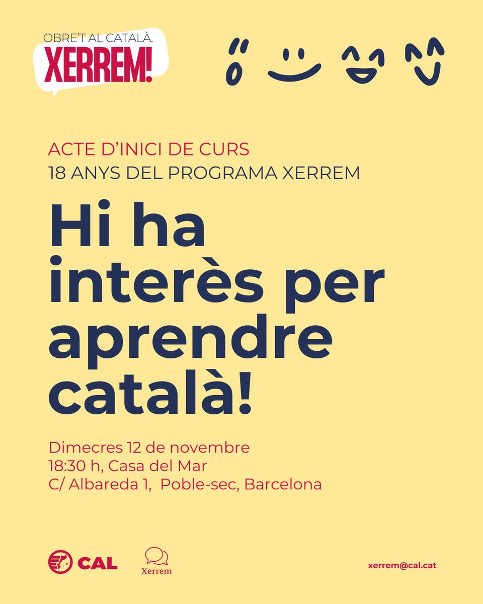 Després de divuit anys del programa Xerrem, som referents en la promoció de l’ús social del català. Ara, volem celebrar-ho amb tu. Apunta’t la data i acompanya'ns! 

DATA: Dimecres 12/11
HORA: 18:30 h
LLOC: La Casa del Mar, Barcelona

🔗 Inscriu-t'hi a: forms.gle/2b9NCQ1zYMQLdx…