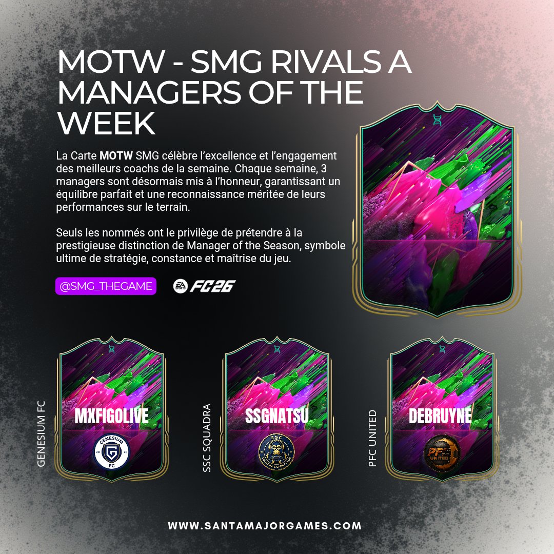 👔 MANAGER OF THE WEEK – SEMAINE 1

Première semaine, premières révélations.
Les 3 coachs nommés en SMG RIVALS A ont imposé leur style, leur vision et leur mental.

<a href="/GenesiumFC/">Genesium FC ⚽️</a>
<a href="/SsgNatsu/">Président SSC-NATSU-74</a>
<a href="/PFClubpro/">PFC Teams E-Sport</a>

#SMG #MOTW #RIVALS #ManagerOfTheWeek
santamajorgames.com