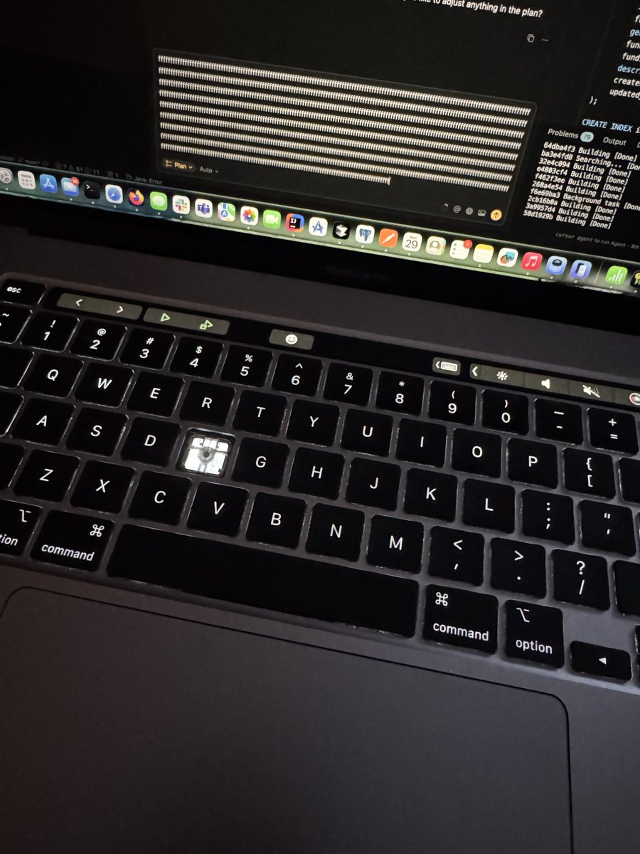 ConstantineImpl's tweet photo. Today this happened 💀⌨️
The “f” key went into infinite typing mode. I had to pry it open and cut it off to stop it. The timing is not ideal as we finishing up the platform, but at least Cursor still understands me when I tell it to “ix that ucking unction” https://t.co/8NxwKsqzc0