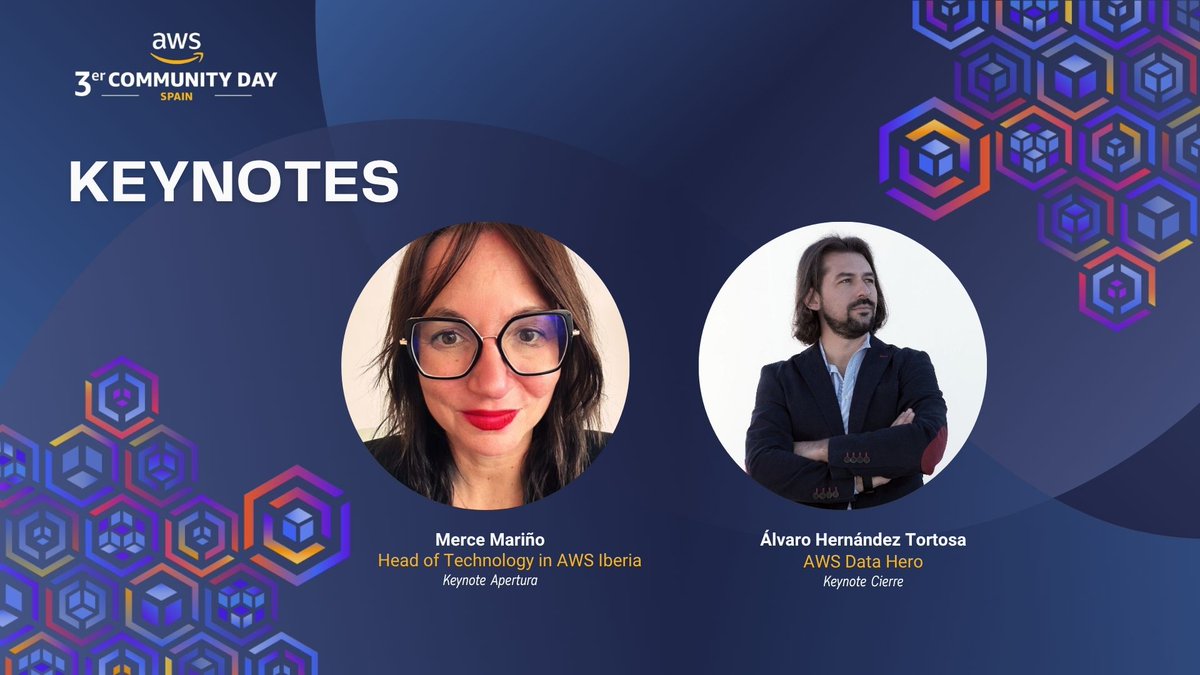 ¡Las keynotes del #AWSCommunityDaySpain2025 ya están aquí!
Merce Mariño, Head of Technology en AWS Iberia, abrirá el evento compartiendo su visión sobre innovación y comunidad.
Y cerraremos con Álvaro Hernández Tortosa, AWS Data Hero, con su charla: Now go Unbuild!

#AWS