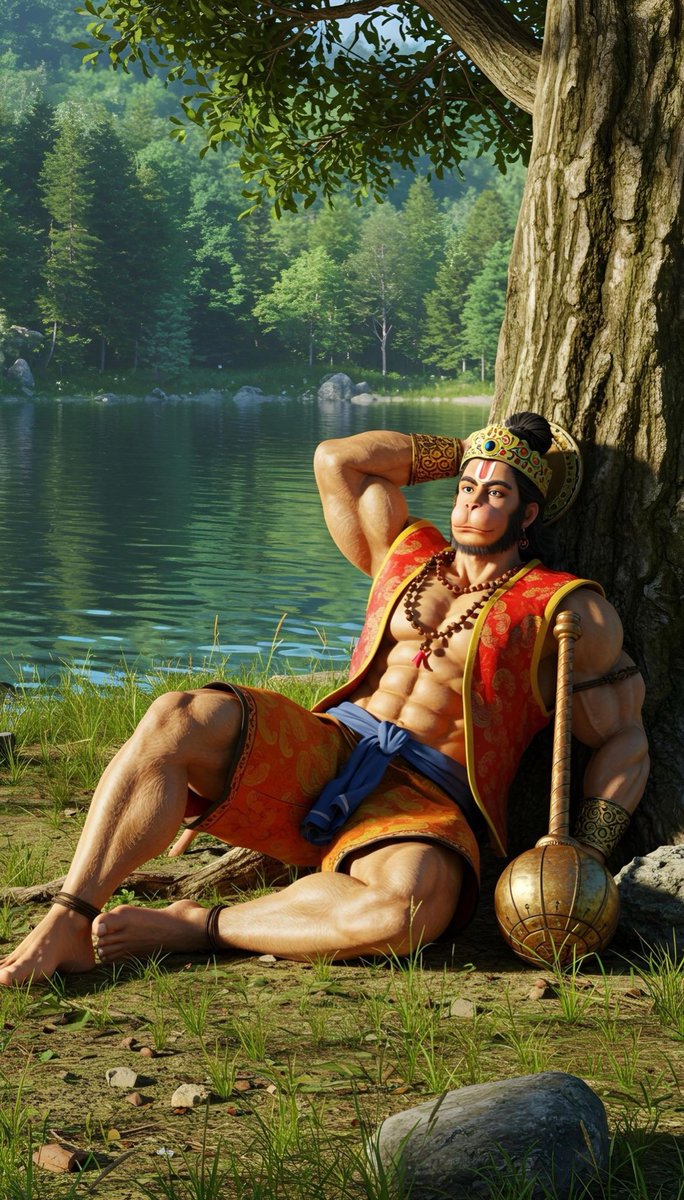 झील के किनारे, शांत जल के पास,
पेड़ की छांव तले लेटे हैं प्रभु हनुमान।
चेहरे पर अपार शांति, नेत्रों में करुणा का सागर —
मानो स्वयं प्रकृति उनके चरणों में नतमस्तक हो।
वो विराम नहीं, बल्कि ध्यान की स्थिति में हैं —
जहाँ हर सांस में “श्रीराम” का नाम गूंजता है।