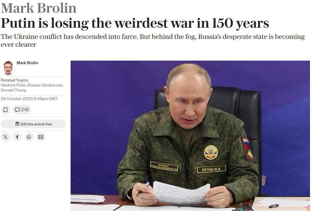 🇬🇧 Putin is Losing the Weirdest War in 150 Years — The Telegraph

Lord Palmerston once joked that during the 1864 war between Denmark and Prussia, only three people knew why it began: one died, one went mad, and the third forgot. If that war once seemed the height of absurdity,