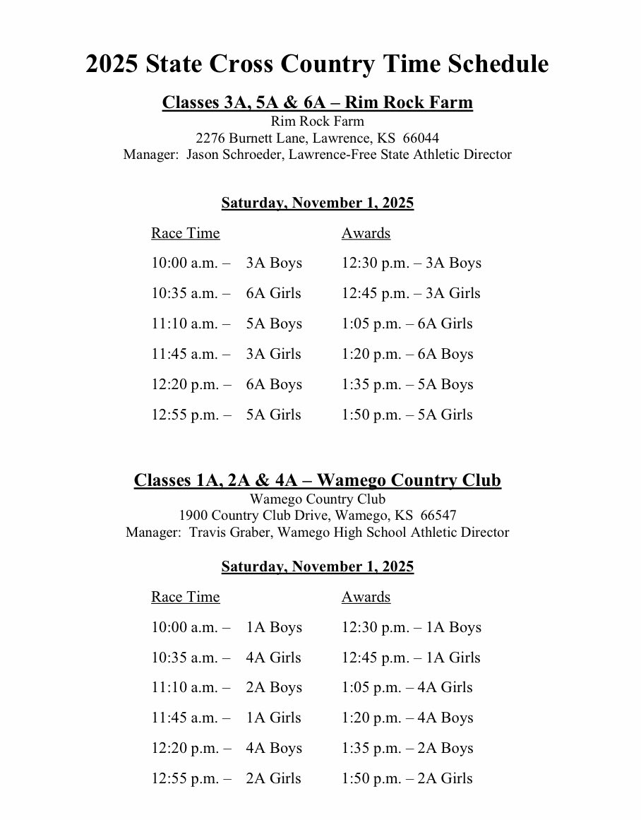 State XC Schedule. 
Boys will run at 11:10am
Girls will run at 12:55pm