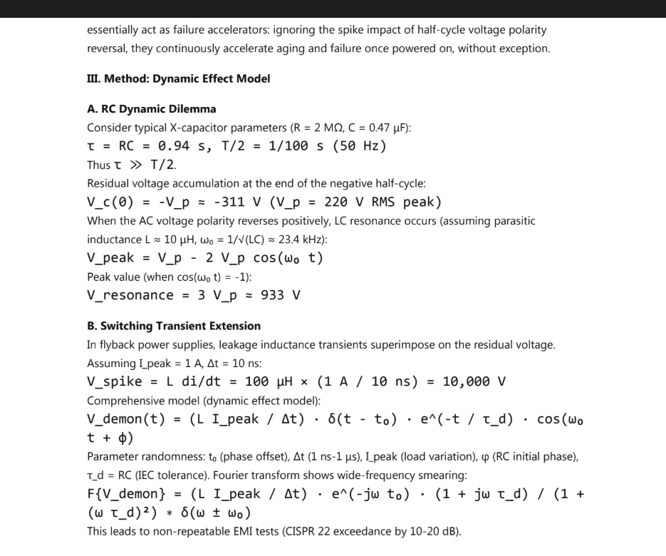 simonmeng1995's tweet image. IEC&apos;s 5s Type B leniency = HBSE win, but skips half-cycle reversal: V_c(-311V) + LC resonance = 933V peaks. Flyback transients &amp;gt;10kV smear EMI. UN Monitor: 15% ICT fails from this. My model quantifies chaos. [PDF Sec II] #EMCMitigation #PowerDesign