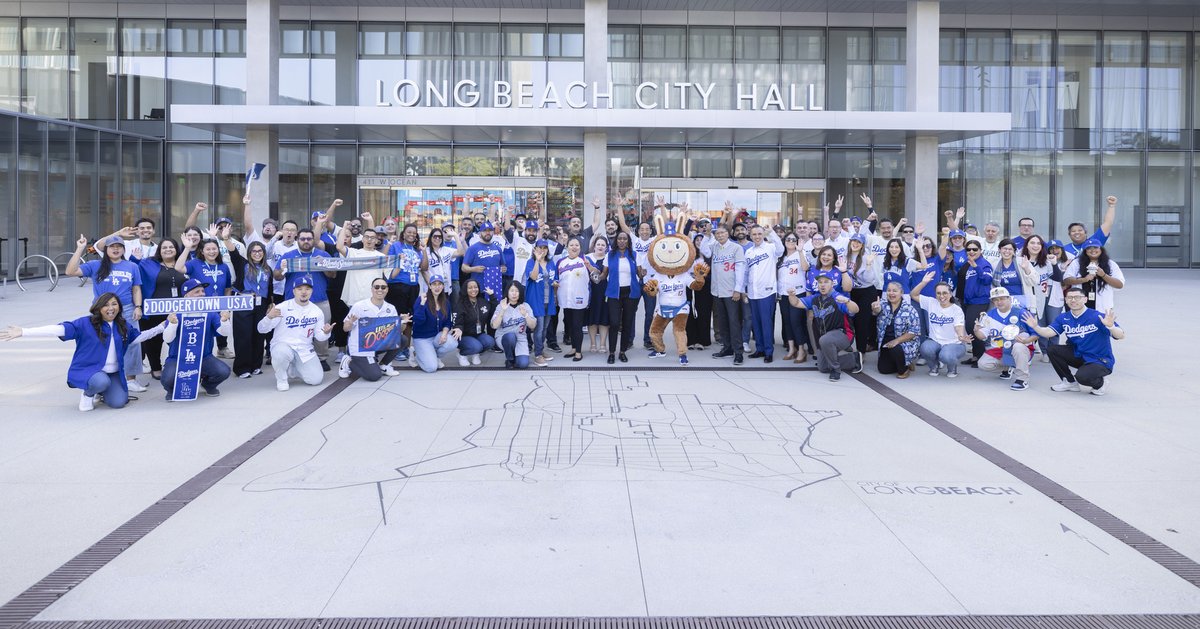 portoflongbeach's tweet photo. Port of Long Beach teammates including CEO Mario Cordero and COO Dr. Noel Hacegaba gathered in Civic Center Plaza Wednesday to show their support for the home team – looking forward to Game 5! #letsgododgers #WorldSeries https://t.co/LIqc64ALZw
