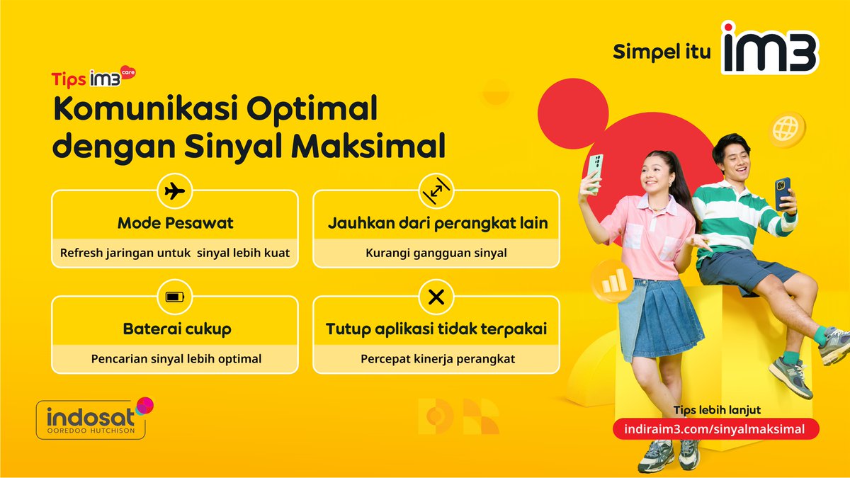 CareIM3's tweet photo. Biar komunikasi makin lancar, sinyal juga harus kuat dong~
Yuk, ikuti tips gampang ini biar koneksi kamu tetap on terus 📶

Cek selengkapnya di https://t.co/BelV3LZZVp 💛
#SahabatBaikku https://t.co/Djv0pW3WV1