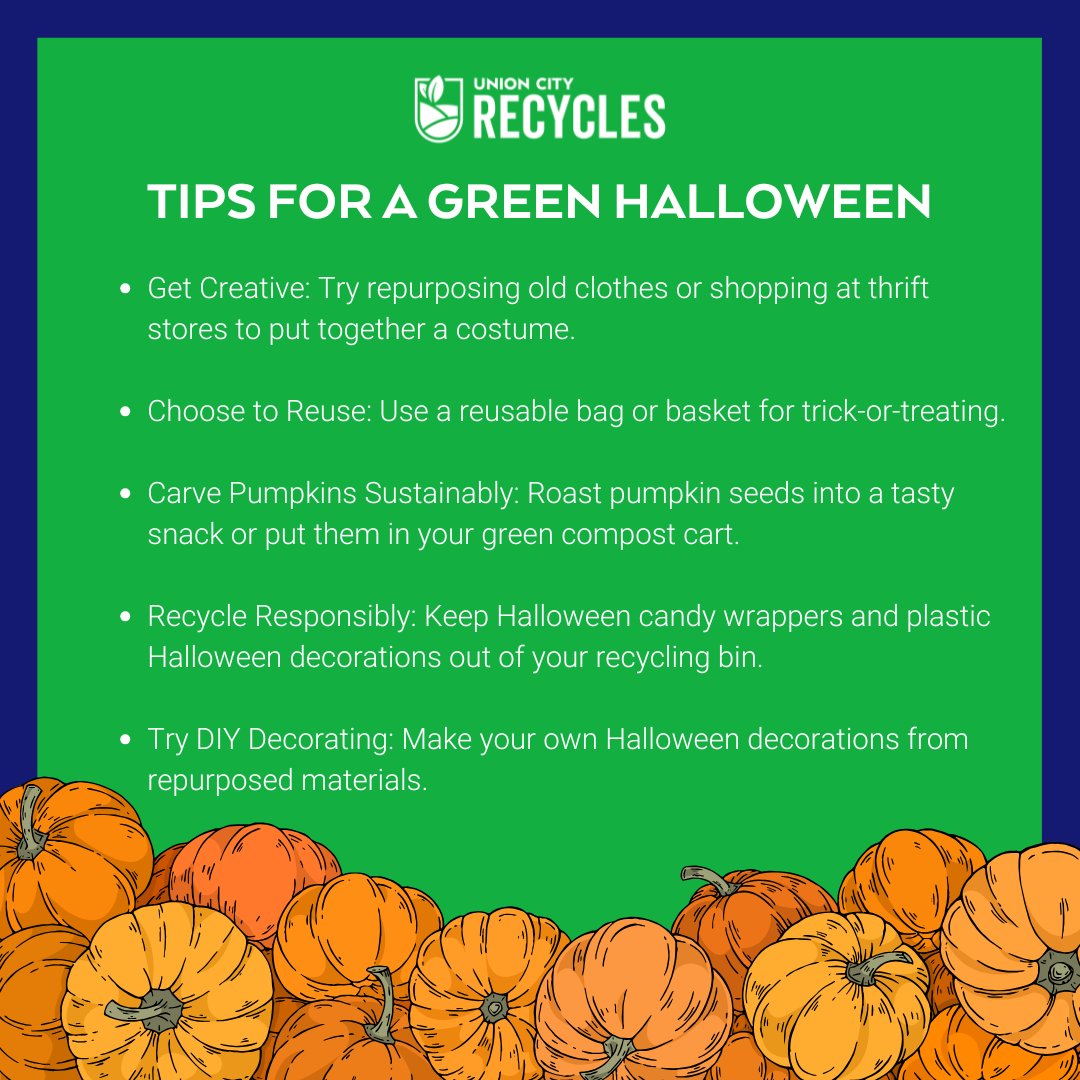 Follow these five tips from Union City Recycles to prevent waste this Halloween. With a little creativity, it's possible to prevent waste and have a sustainable Halloween!

#MyUnionCity #UnionCityCA #UnionCityRecycles