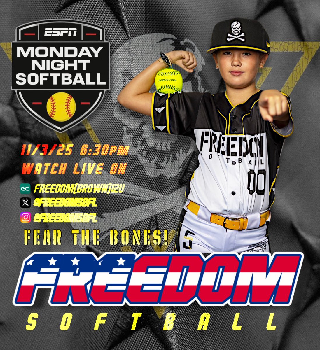 Freedom(Brown)12u ready for prime time next Monday night! Watch the game live on GameChanger. FEAR THE BONES! ALL ABOUT THE GIRLS SOFTBALL #mondaynight #freedom #softball #fearthebones #navy #jollyroger @freedomsbfl