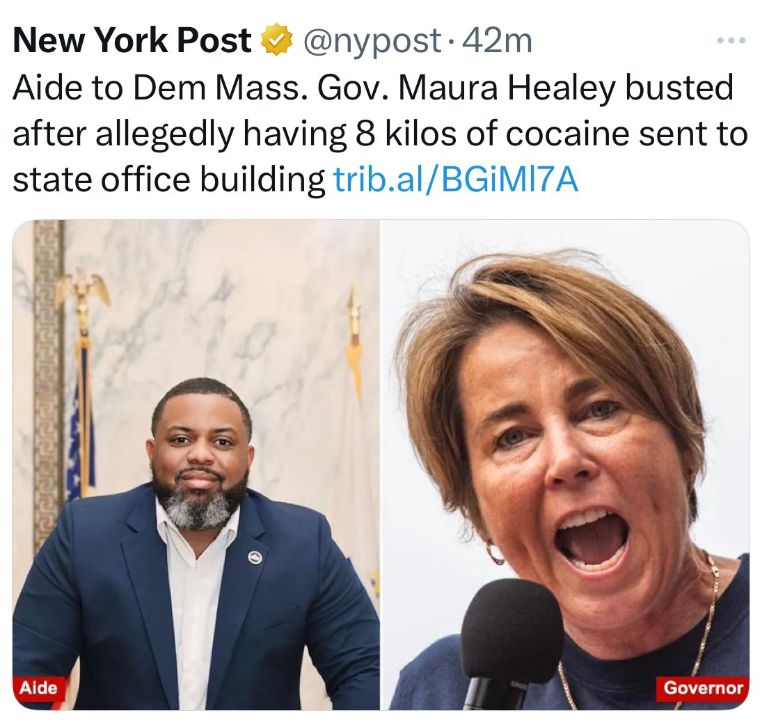 It’s wild how stories like this barely make a ripple when the people involved have a (D) next to their name.

An aide to the Democratic governor of Massachusetts allegedly had 8 kilos of cocaine mailed to a government office — think about that for a second.

If this were anyone