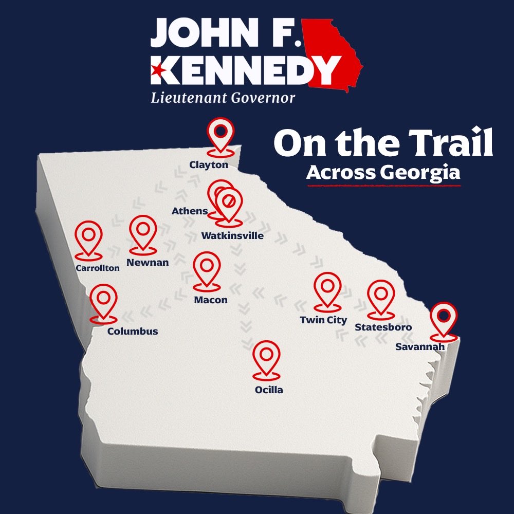 johnfkennedyga's tweet image. We’ve been criss-crossing the state to earn your vote! This is just where we’ve been over the last 10 days. Can’t wait to see you on the campaign trail! JFKforGeorgia.com