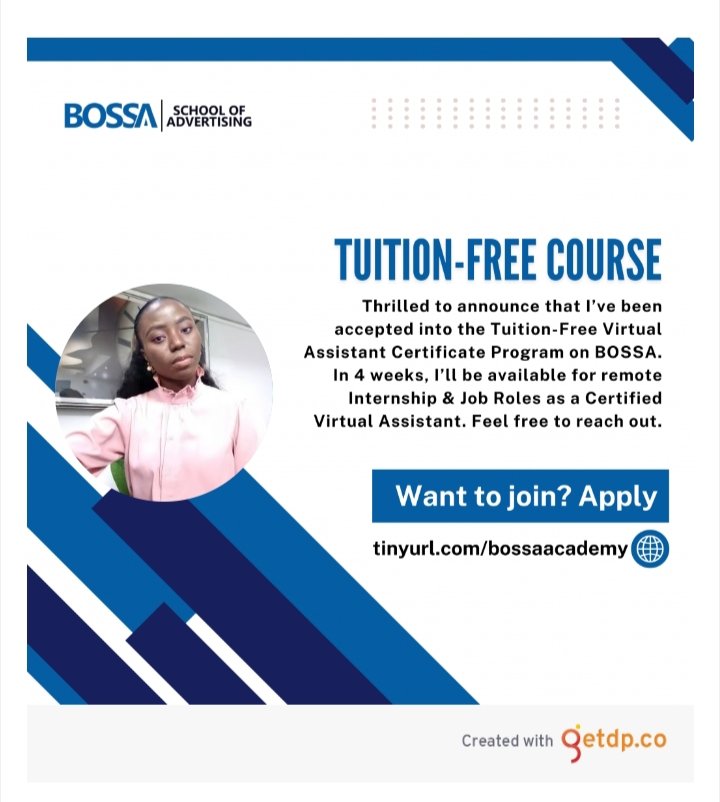 miratee_'s tweet photo. Thrilled to announce that I’ve been accepted into the Tuition-Free Virtual Assistant Certificate Program on BOSSA. In 4 weeks, I’ll be available for remote Job Roles as a Certified Virtual Assistant. Feel free to reach out.
@BOSSA #BOSSASchoolofadvertising https://t.co/QGT7lFfMDb