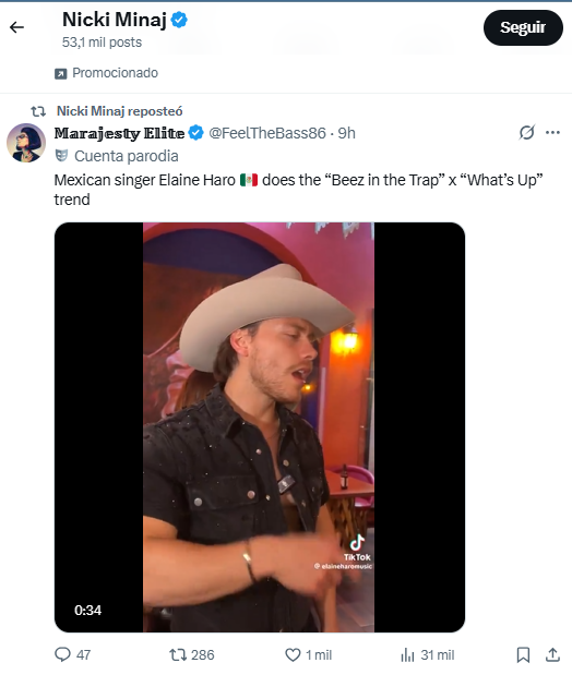 fanylopez24's tweet photo. Nicki Minaj reposteando el tiktok de @aldotdenigris y @ElaineHaroMusic  ♥♥

Cositas de shipper ;))) 
Aldo y Elaine lo son TODOOOO, internacionales y te lo grabas.

Aldaine Hamez :) https://t.co/ByAOii10UN
