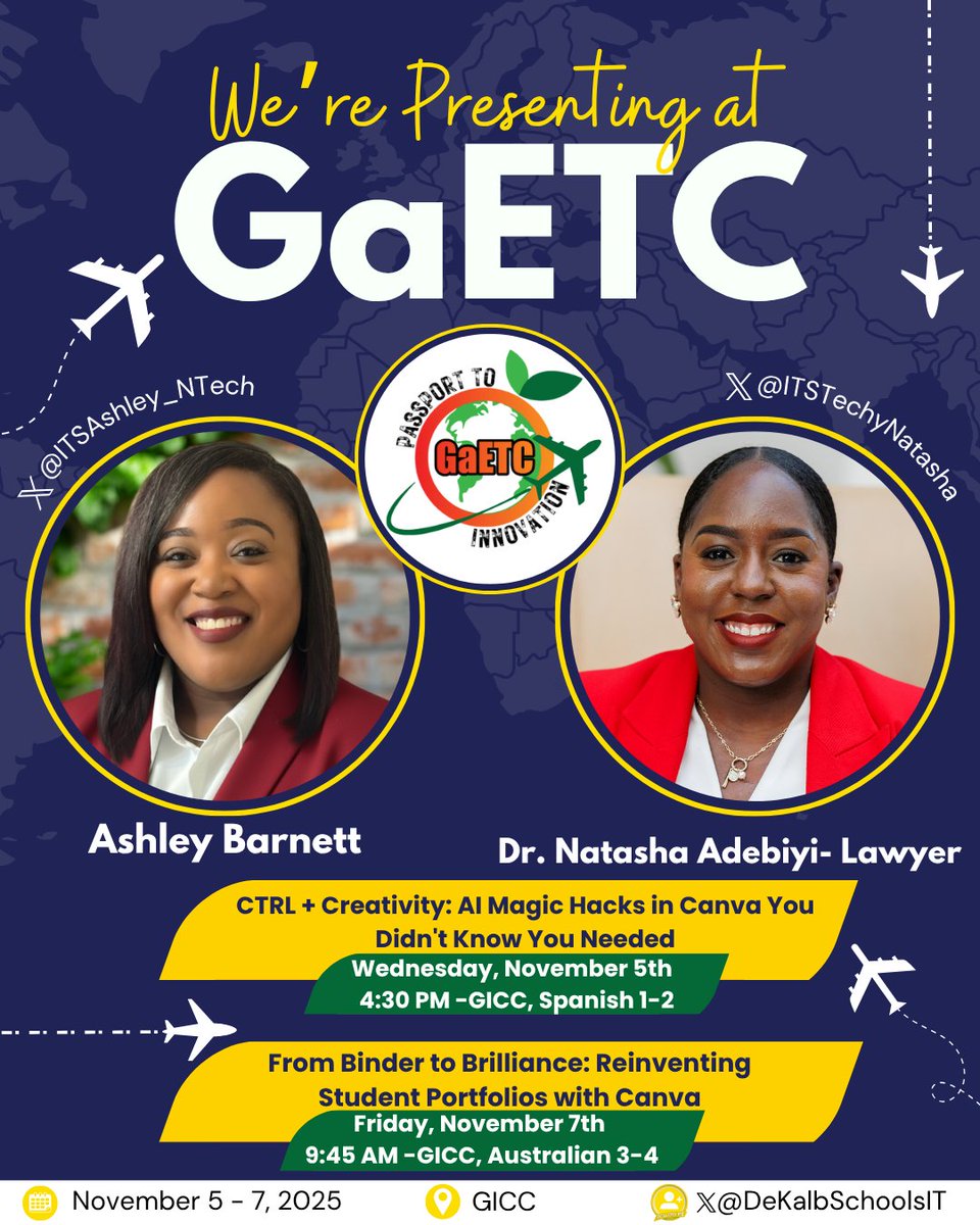 ITSTechyNatasha's tweet image. Double the @CanvaEdu magic! Join 1 of our 2 sessions (or both) at #GAETC25:
🪄 Canva AI Magic Hacks – time-saving tricks &amp;amp; creative AI tips
💻 Digital Portfolios w/ Canva Design Suite 2.0 – build a pro portfolio
📌 Bookmark our sessions &amp;amp; level up your Canva game!
#EdTech #DCSD