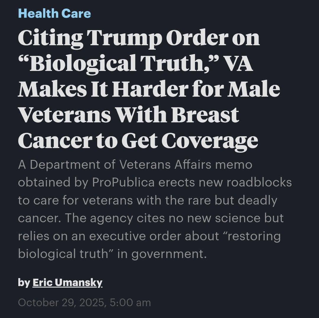 GBBranstetter's tweet photo. Citing a Trump executive order banning "gender ideology," the VA is withholding coverage and treatment for male veterans with breast cancer, an increasing condition among veterans exposed to toxic chemicals during service. 100 male veterans a year are diagnosed with breast cancer https://t.co/HQ2OQN8Qx8