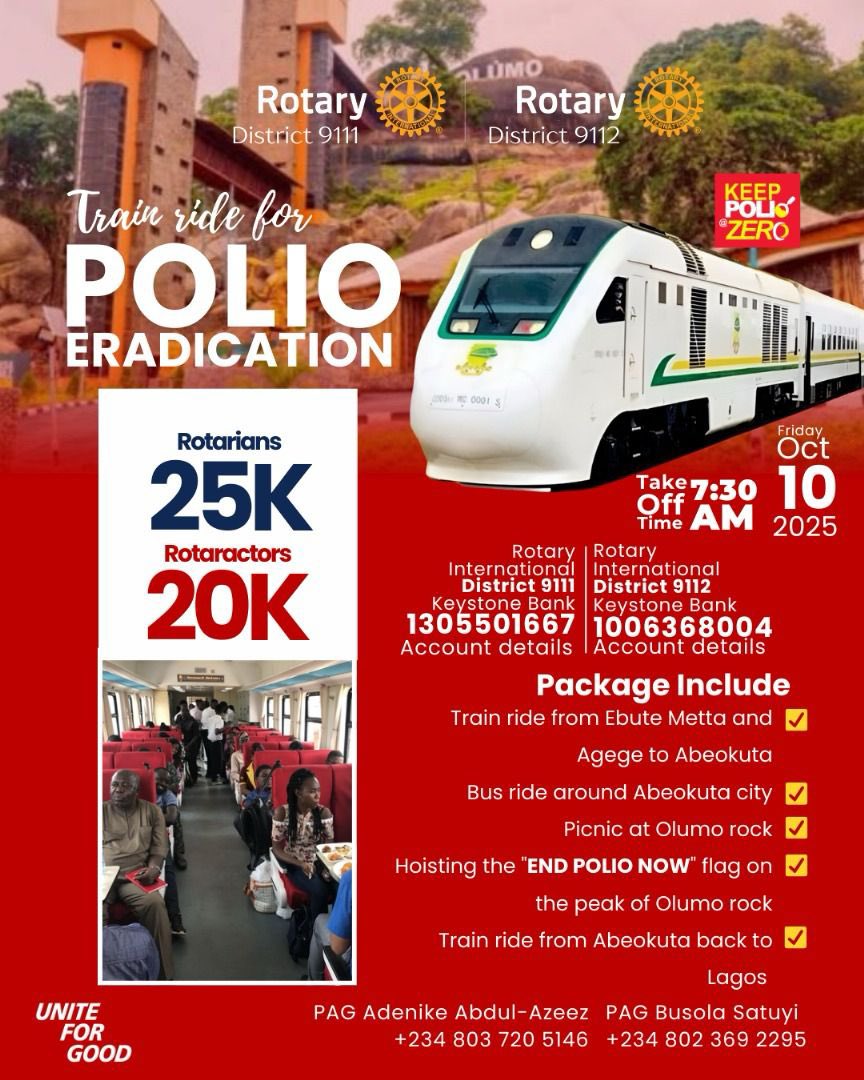 RCAnthonyGolden's tweet photo. All aboard for a purpose!

@rotary9111 and @Rotary9112 had a 
 memorable Train Ride for Polio Eradication

From Lagos to Abeokuta, we hoisted the @EndPolioNow flag on Olumo Rock

@d9110GRR @Rotary  

#KeepPolioZero #RCAnthonyGolden #RotaryIsGood https://t.co/XCsqa4g0Lb