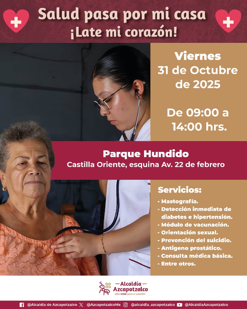 Este viernes 31 de octubre, acércate a la jornada “Salud pasa por mi casa ¡Late mi corazón!” 💗

Te esperamos en el #ParqueHundido de Azcapotzalco(Castilla Oriente, esquina Av. 22 de febrero) de 09:00 a 14:00 hrs.

Servicios gratuitos:
✅ Mastografía
✅ Detección de diabetes e