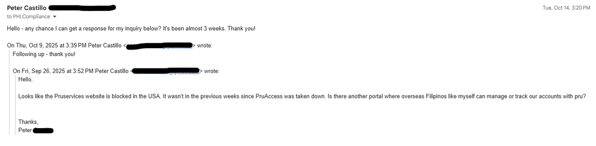 paqcastillo's tweet photo. @PruLifeUK any chance I will get a response from your support team? It's been over a month since my initial inquiry. Overseas Filipino clients are left out of  monitoring our accounts. https://t.co/3mjiX4PVCa