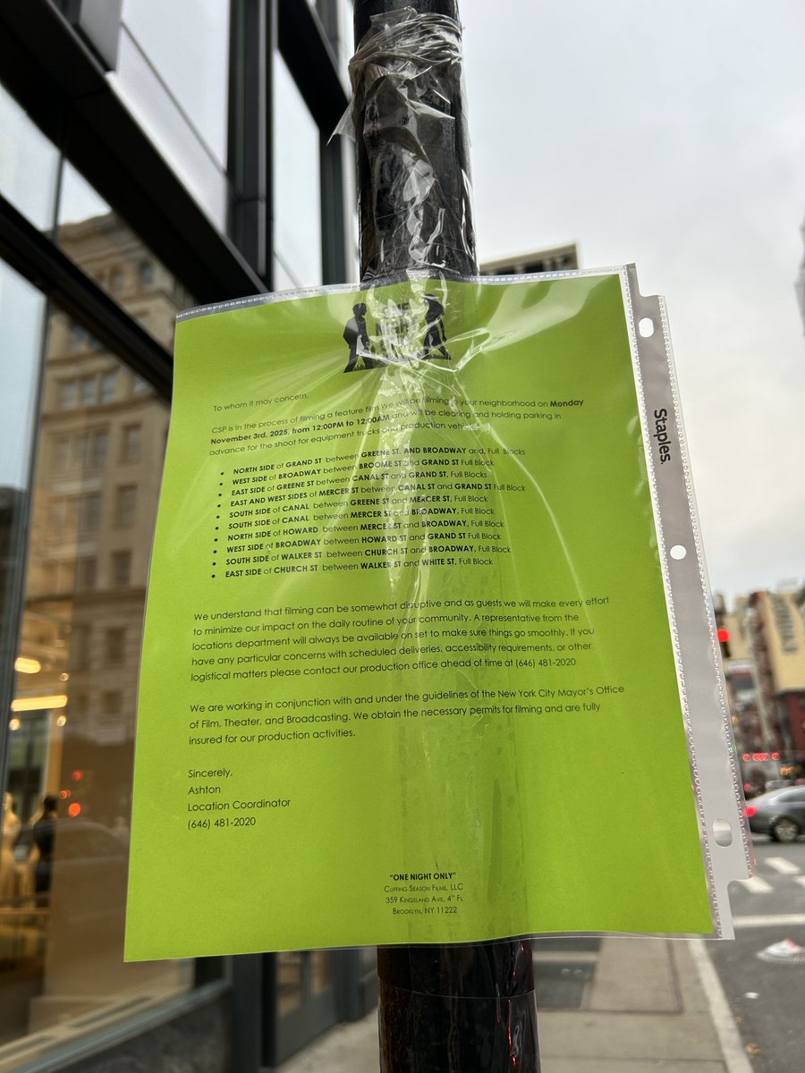 “One Night Only” will be filming on Monday, November 3rd, around Grand St and Mercer St. Cc <a href="/olv/">olv</a>