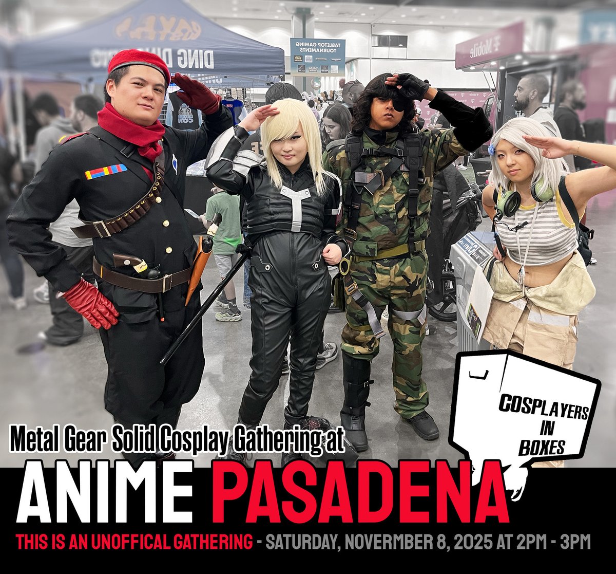 CosplaysInBoxes's tweet image. Kept you waiting, huh?

We’re hosting the Metal Gear Solid Cosplay Photoshoot! Everyone interested in the series is welcome!  We gather after David Hayter's panel. If you're pretty good, expect goodies to be handed out!

Join us at Anime Pasadena 2025, Saturday from 2–3 PM!❗📦