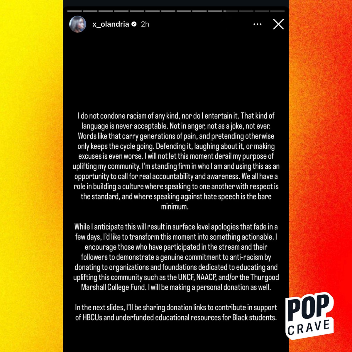PopCrave's tweet photo. Olandria issues statement addressing video of a fan calling her the N-word during Huda and Louis’ stream. https://t.co/odoWg1wilU