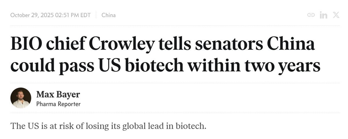 MolekuleBio's tweet photo. ⚠️ China vs. U.S.: 730-Day Biotech Eclipse 🚨 @IAmBiotech (BIO) CEO to Senate: “It’s inevitable.”

CHINA 🇨🇳
🔬 7,100 trials (2024) · 1 every 74 min (Source: https://t.co/ic7Axks8Iu / NMPA-National Medical Products Administration / ITIF)

💉 $28B state funds · builds 10 @pfizers (Source: Five-Year Plan aggregates)

🧬 AI labs: national nukes, not experiments

U.S. 🇺🇸
✅ Leads IP, trust, approvals

📉 Slope eroding. Fast.

THE ASYMMETRY 🇨🇳 vs. 🇺🇸
🗣️ 🇺🇸 We debate pricing 🚀 🇨🇳 They deploy pipelines

⏳ 🇺🇸 We hold panels 🔗 🇨🇳 They lock chains

📉 🇺🇸 We quarter-chase 📈 🇨🇳 They century-seize

Biotech = Defense 🛡️

Control biology. Own power. Forge sovereignty.

📣 Where’s YOUR biology made? 🇨🇳 or 🇺🇸

#MolekuleConsulting DecisionVelocity #JPM2026 #Biotech #HUMINT #MetabolicSovereignty #Geopolitics @PhRMA @SenToddYoung @SenAlexPadilla @EricTopol @AdamFriedmanMD
@nytimes @WSJ @business @BusinessInsider @HarvardBiz @endpts @FiercePharma @FierceBiotech @GoldieChan @HelenLiangFX